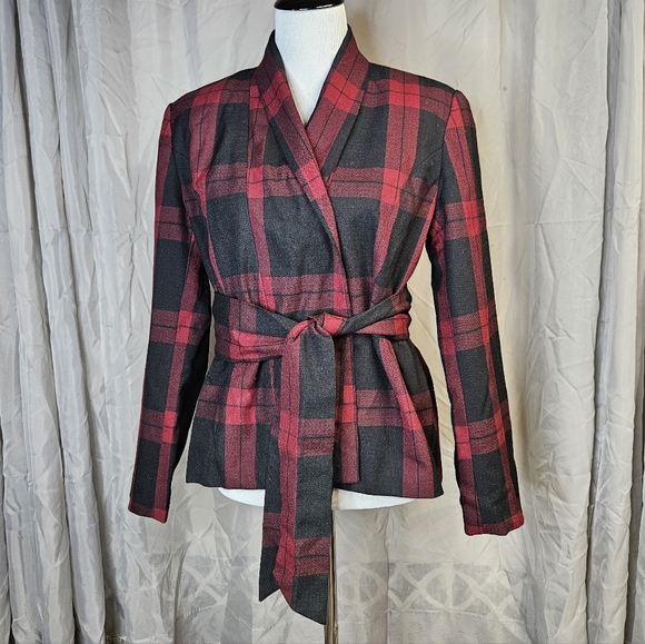 Chadwick's Red Black Buffalo Plaid Versatile Belted Peplum Blazer Jacket - Picture 2 of 11